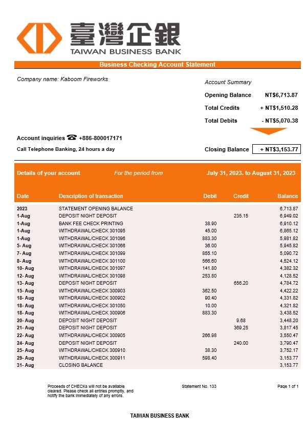 Modèle Word et PDF de relevé de la Taiwan Business Bank